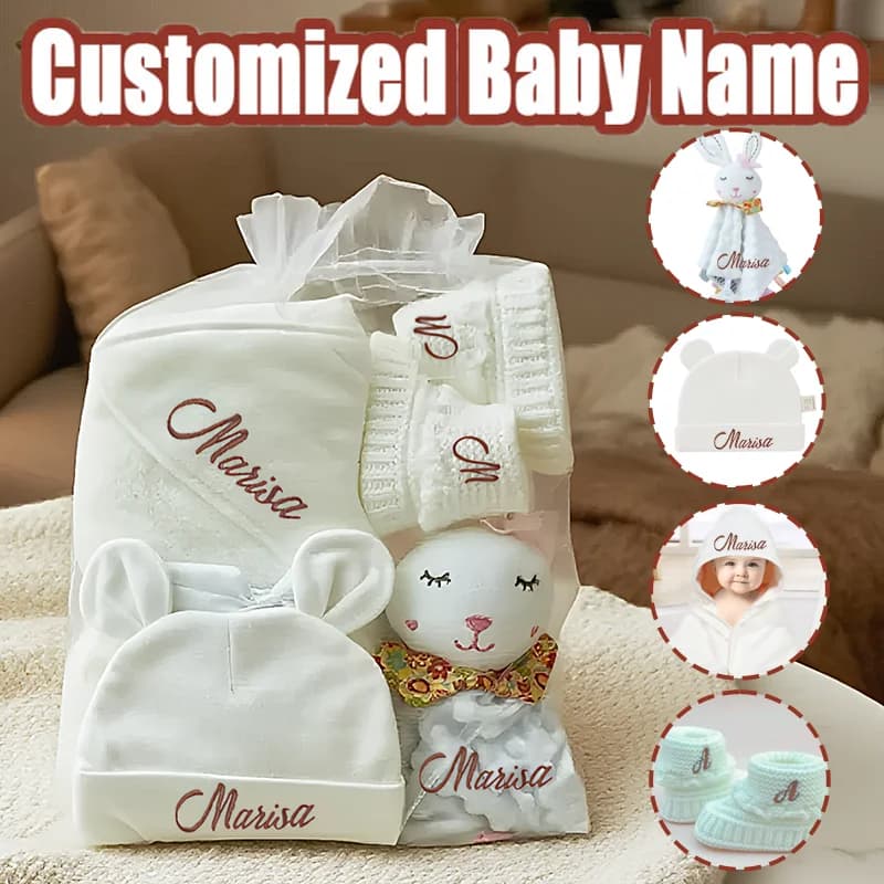 Set de regalo personalizado para bebé con 4 piezas de toalla con capucha con nombre bordado, accesorio para regalo de Baby Shower, regalo de