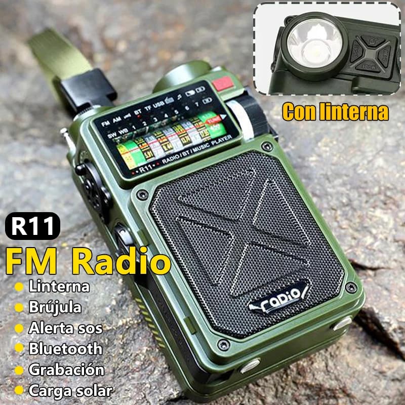 Radio de emergencia multifunción R11, altavoz BT para exteriores, Radio de banda completa AM/FM/SW/WB con manivela Solar, dinamo, tarjeta TF,