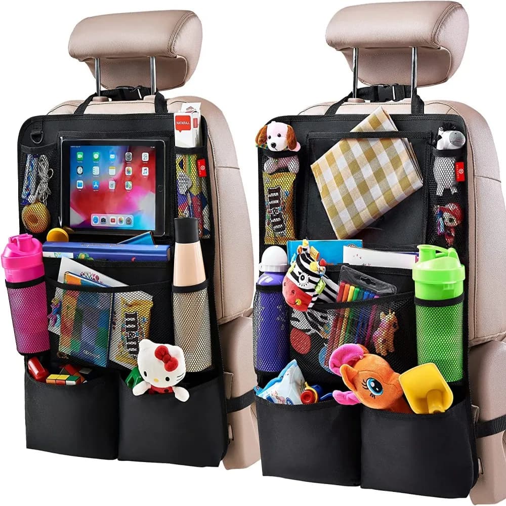 Organizador de asiento trasero de coche para niños, Protector de asiento trasero con soporte para tableta con pantalla táctil, 2 paquetes