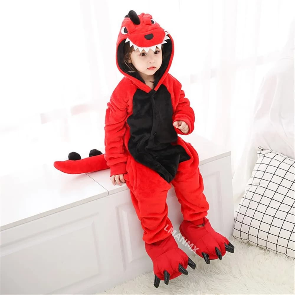 Conjunto de pijamas de mono de dinosaurio rojo Kigurumi, disfraz de Cosplay de animales, mono de franela suave y cálido para invierno, ropa de fiesta