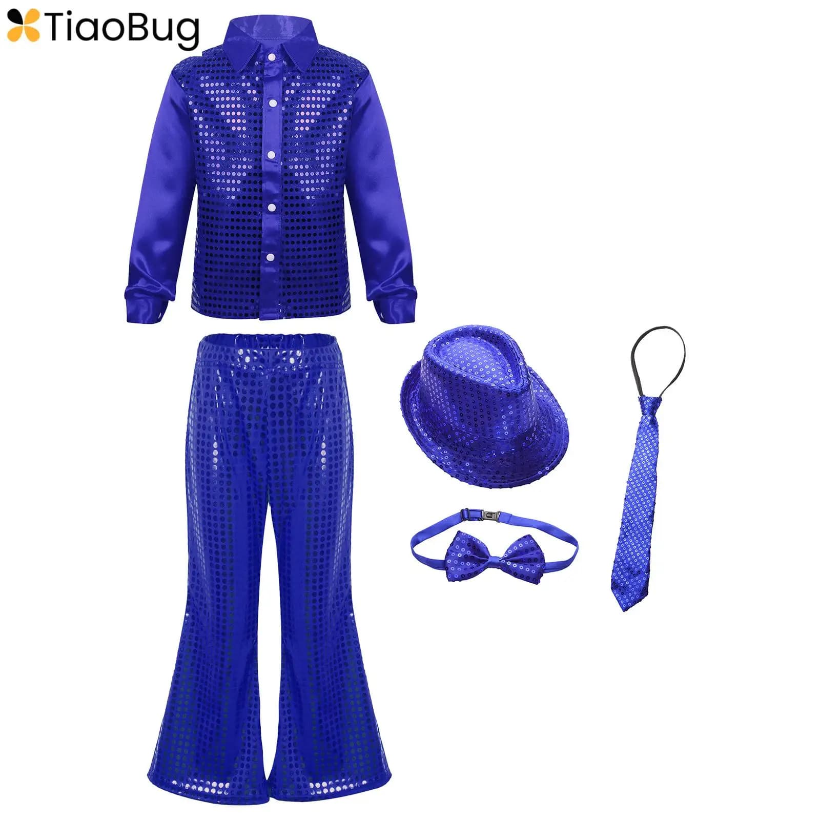 Traje de baile disco para niñas y niños, conjunto de trajes de actuación de Halloween, camisa de manga larga con lentejuelas y pantalones