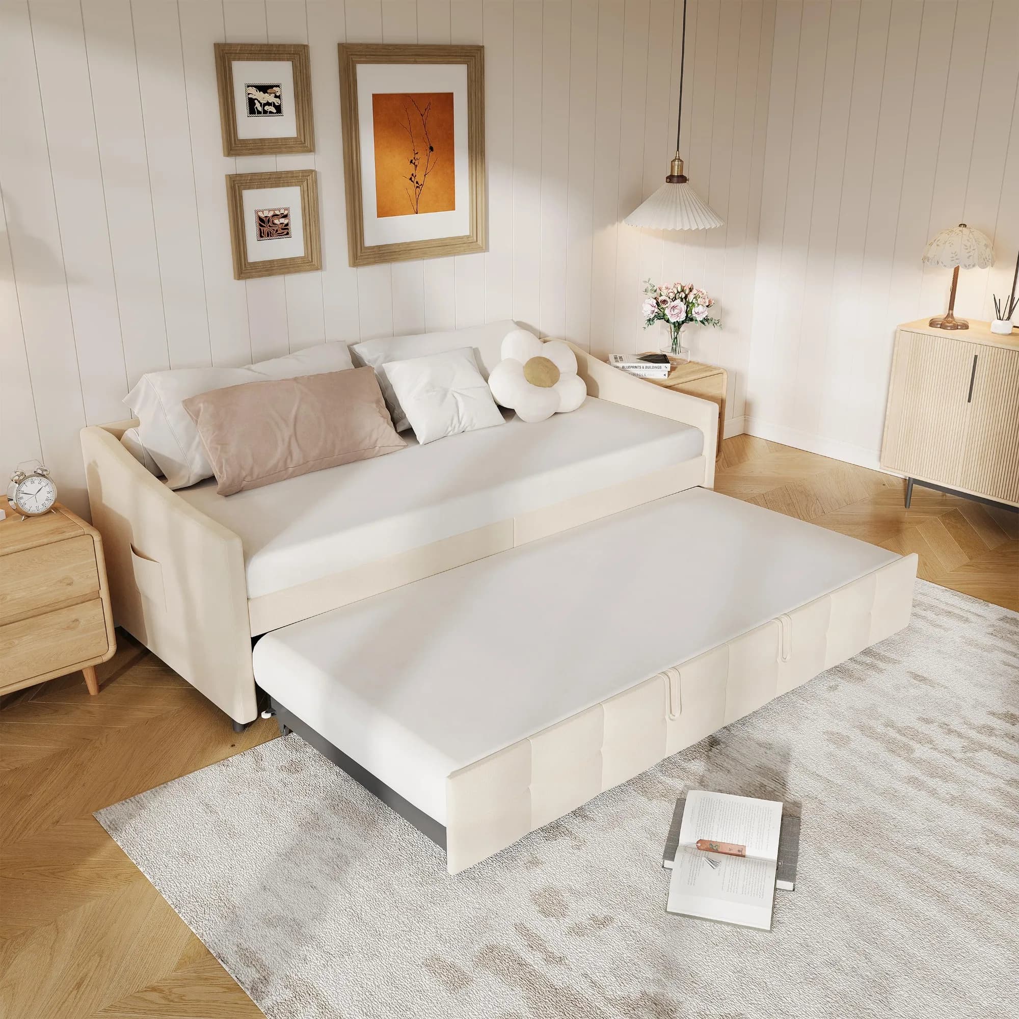 Rosahqnda Cama de día, sofá cama tapizado de 90x200cm con extensión, cama para invitados, extensible a cama doble, terciopelo