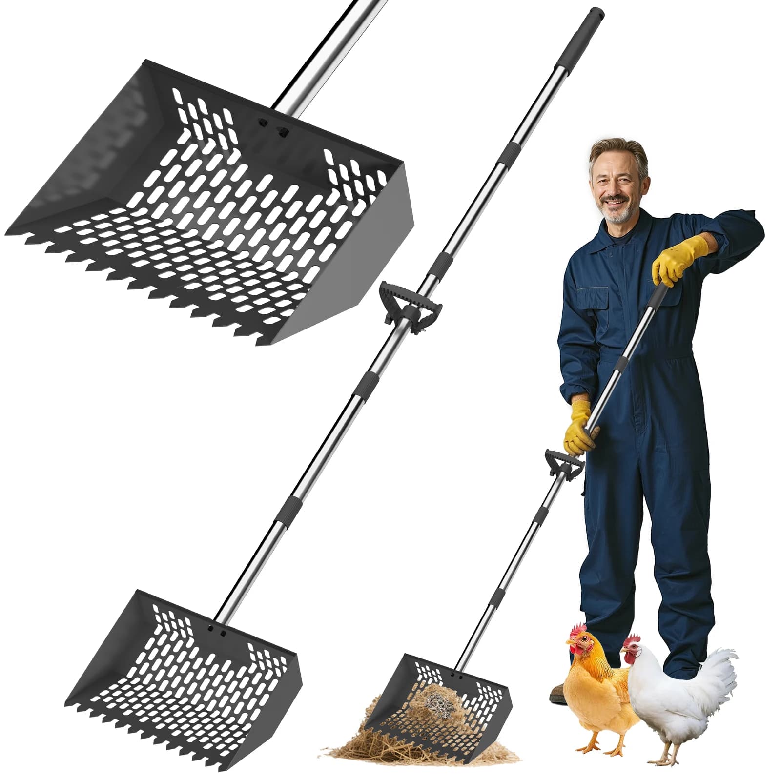 Cuchara extensible, rastrillo de arena, cuchara para excrementos de pollo, cuchara retráctil para arena de gato, tamizado ligero, herramientas de