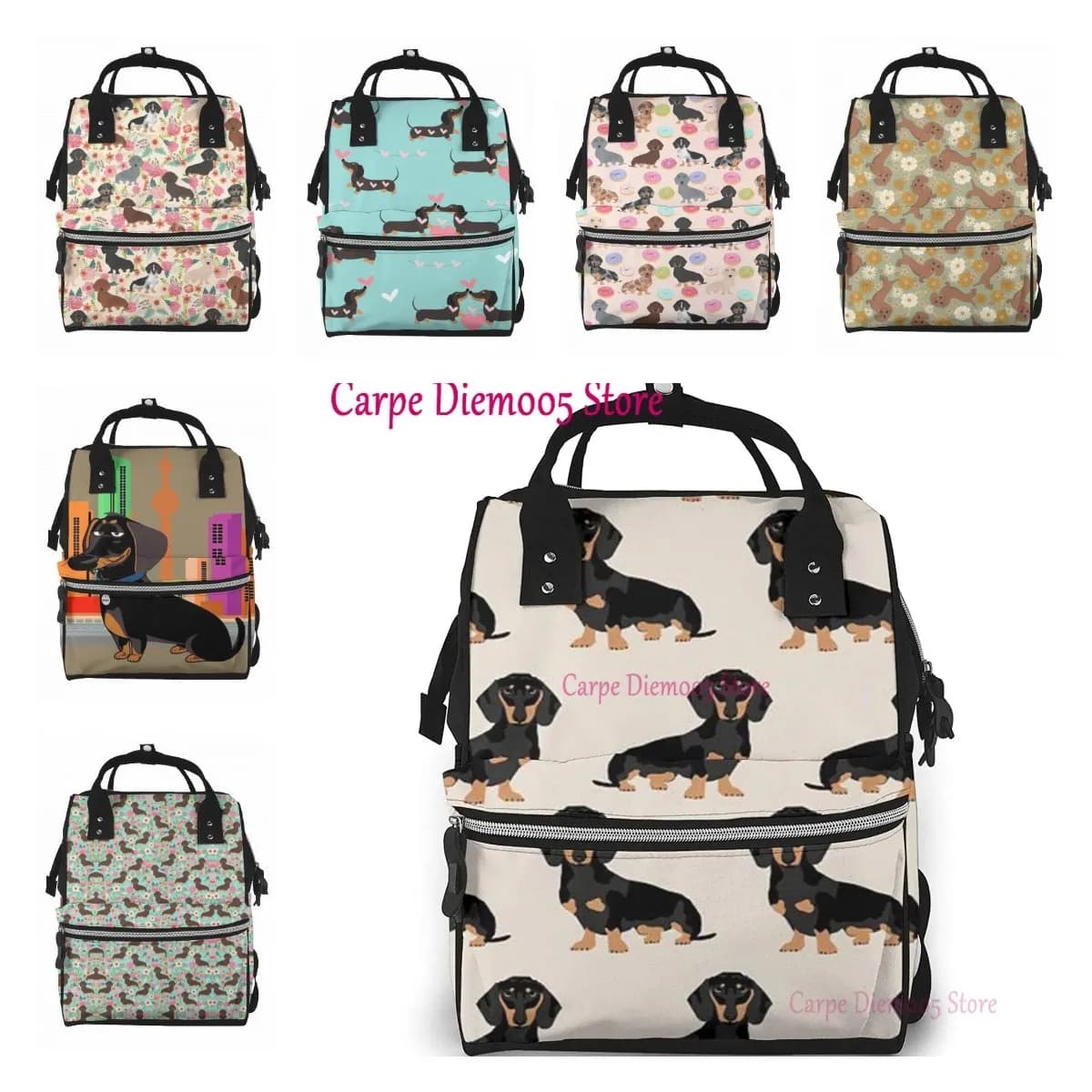 Mochila con estampado de perro salchicha para mamá, bolsa de pañales de maternidad multifunción, bolsa para niños con bolsillo para portátil,