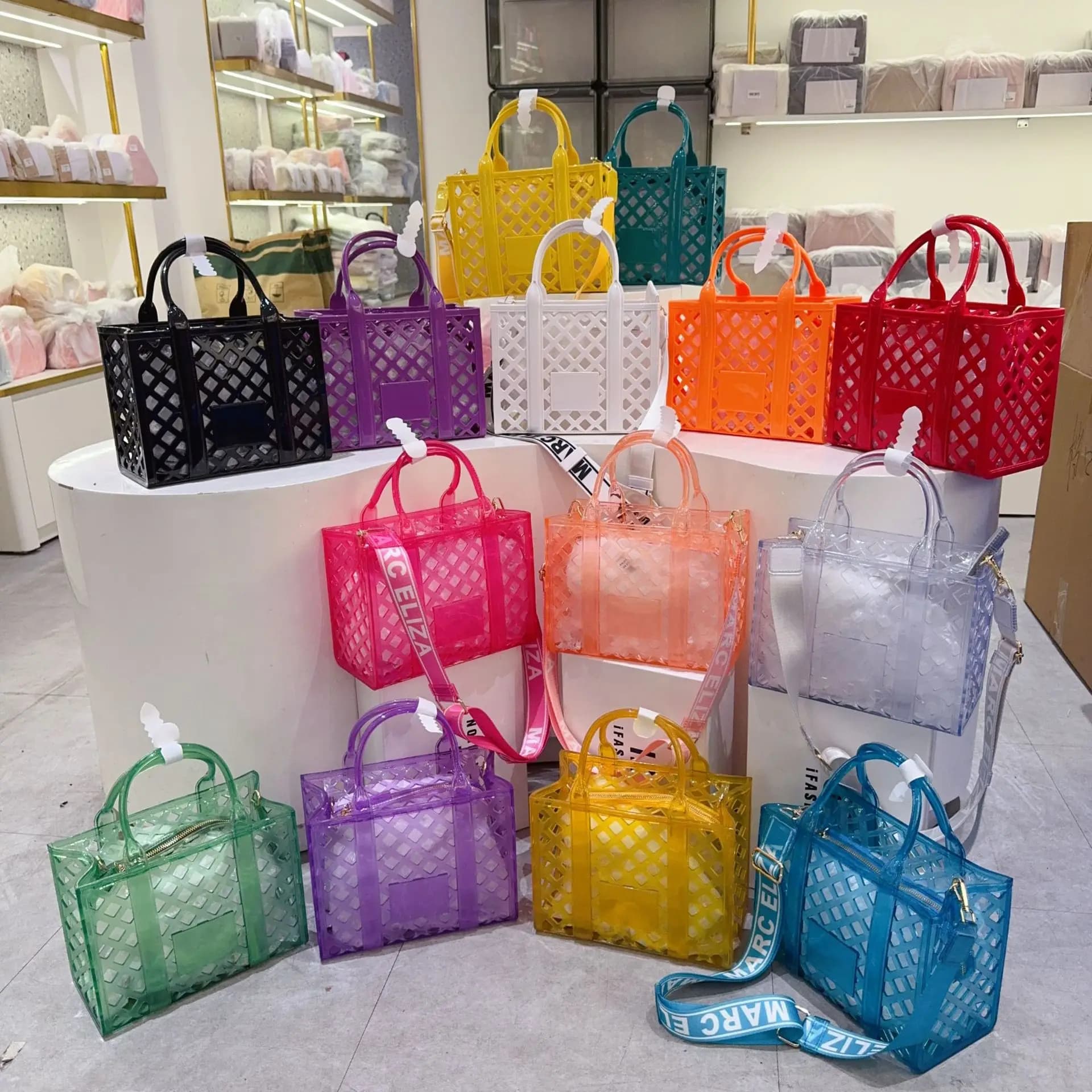 Cesta de verduras hueca para adultos, bolso de hombro de PVC de Color caramelo de bosque Unisex, bolso de mano transparente con correa ancha de gran