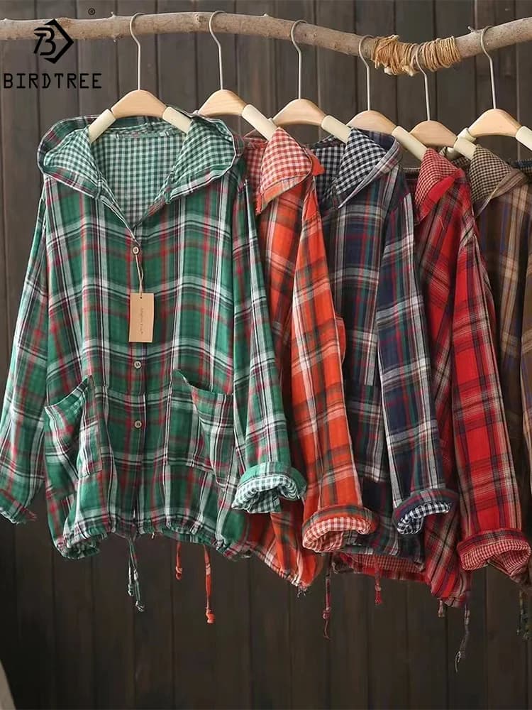 Abrigo de manga larga antiquemaduras para mujer, camisa a cuadros Vintage con capucha, Top elegante a la moda para otoño, C47671QM, 2024