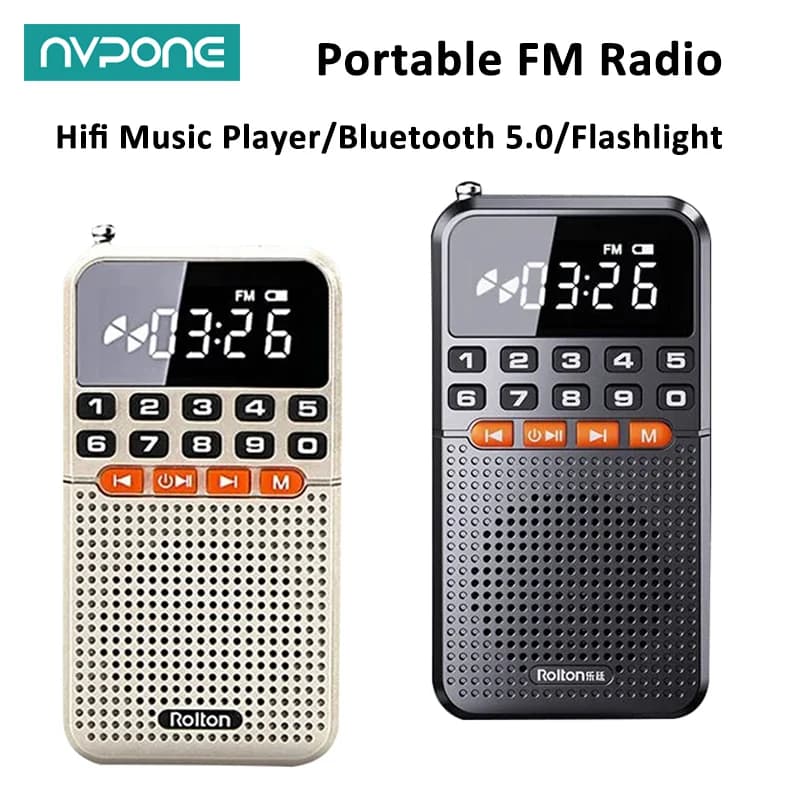 Nuevo Mini Radio FM portátil, receptor de Radio de bolsillo con antena Dual, Altavoz Bluetooth 5,0, reproductor de música con tarjeta TF y linterna