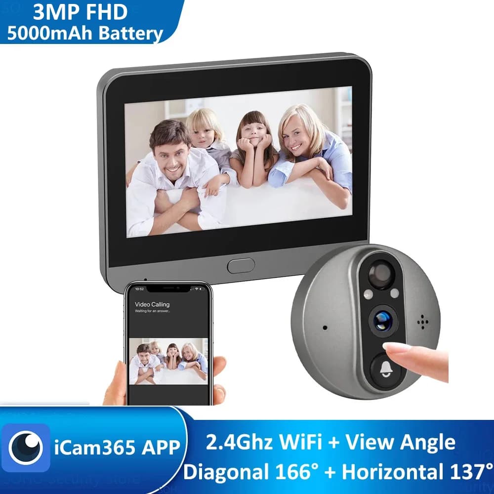 Timbre de puerta inteligente con pantalla FHD de 3 MP, WiFi, alimentado por batería, cámara con mirilla mágica, visor digital PIR FHD, timbre con