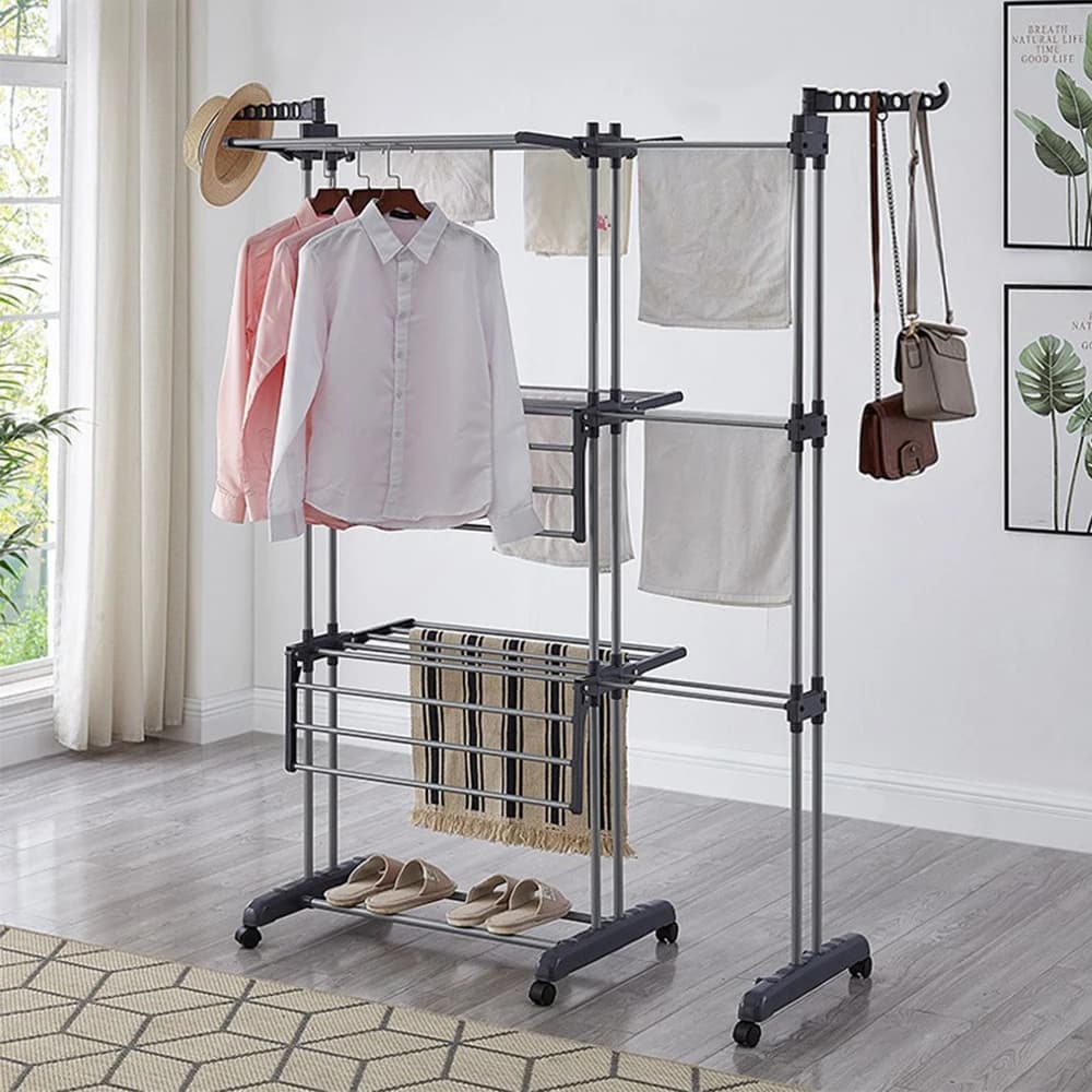 Tendedero de Ropa Tipo Torre con 6 Alas Plegables en 3 Niveles, Tendedero Extensible de 75-142 cm, Mesa de Lavado Plegable