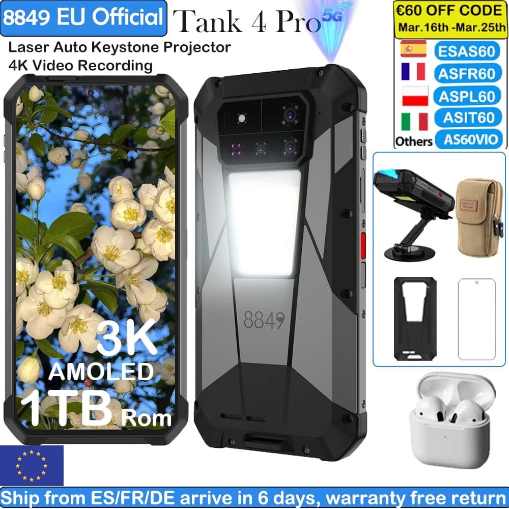 8849 Tank 4 Pro Unihertz 5G AI Smartphone Robusto con Proyector 1TB+36G Dimensity 8300 AMOLED 3K Android 14 6.78'' 120Hz 11600mAh Láser Auto Keystone