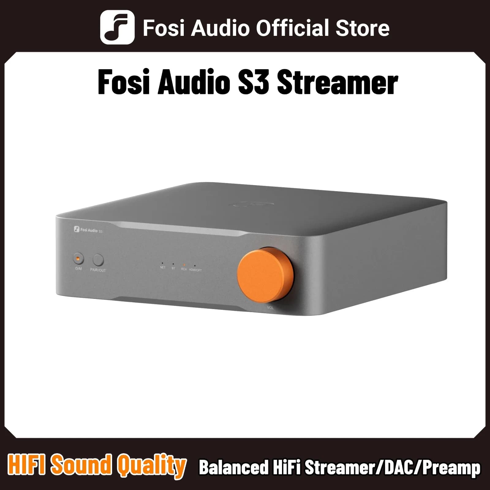 Reproductor de música HiFi Fosi Audio S3 con Bluetooth 5.3, DAC AKM4493SEQ, preamplificador, reproductor de música en red, compatible con AirPlay2 y