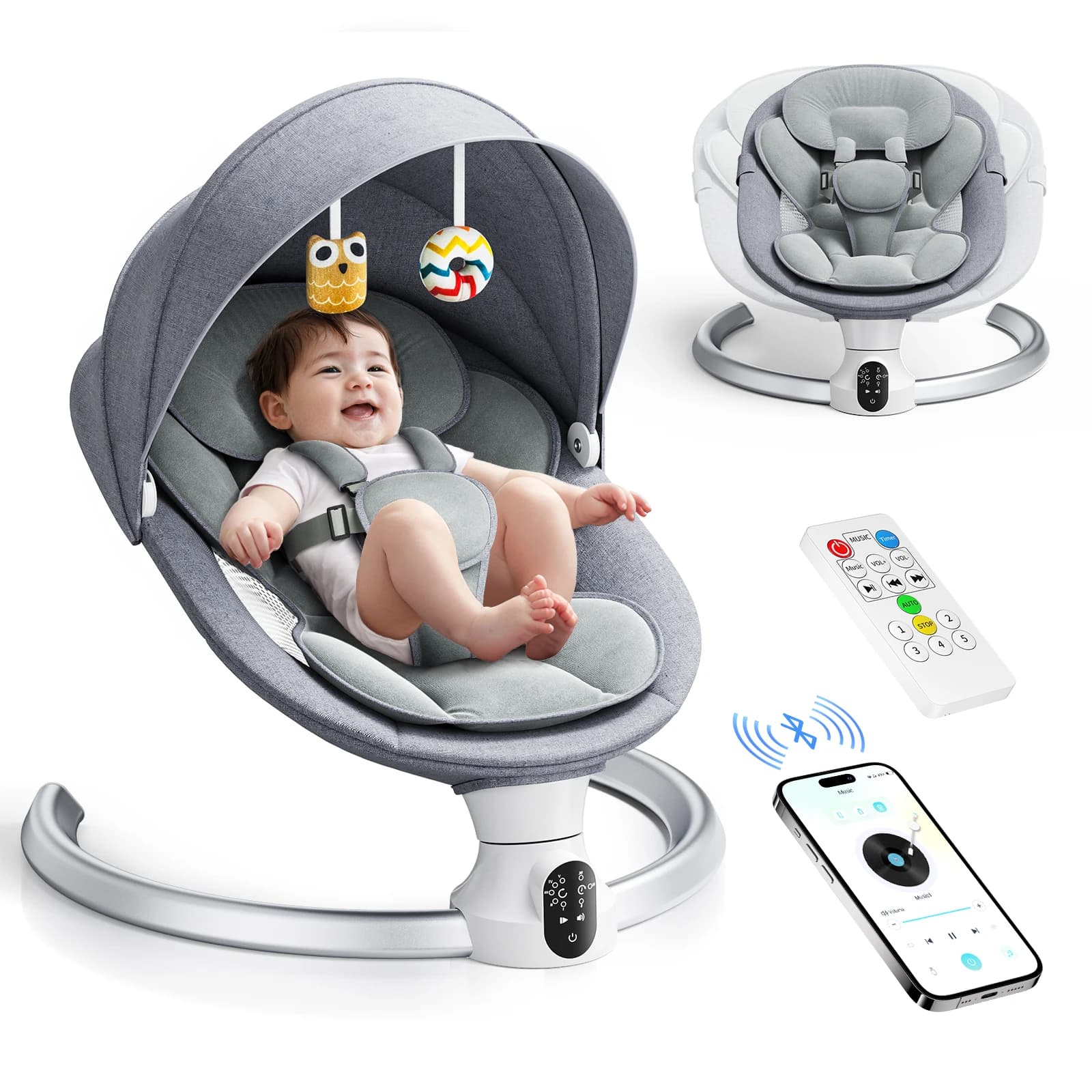 Columpio eléctrico para bebé, balanza para bebé con aplicación y control remoto desde el nacimiento hasta 9 kg, arnés de 5 puntos, báscula para