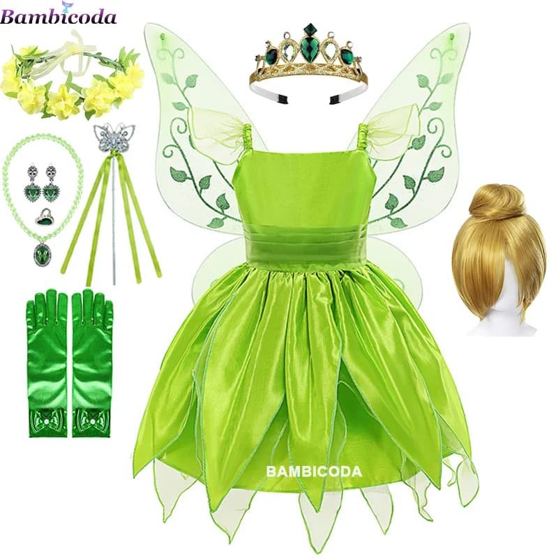 Disfraz de Campanilla para niñas, disfraz de Halloween, vestido elegante verde, vestidos de princesa de hadas, vestido de hada Pixie con alas