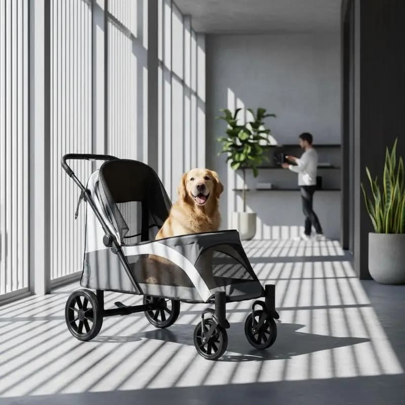 Carrito Plegable de Cuatro Ruedas para Mascotas con Correas de Seguridad y Frenos en Gris Oscuro para Perros Grandes, Ideal para Paseos, Entrega Local