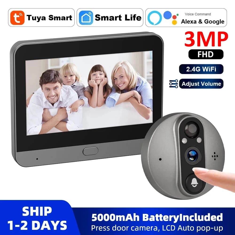3MP Mirilla inteligente Tuya con WiFi, 2,4G, 5000mAh, timbre de puerta, cámara infrarroja, Alexa, Google, videoportero, cámaras de seguridad para el