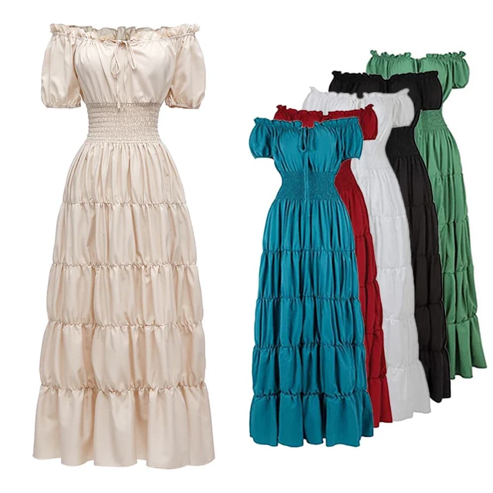 Vestido elegante Medieval renacentista bohemio, manga corta, hombros descubiertos, cintura ahumada, vestido largo plisado Retro, vestido de disfraz