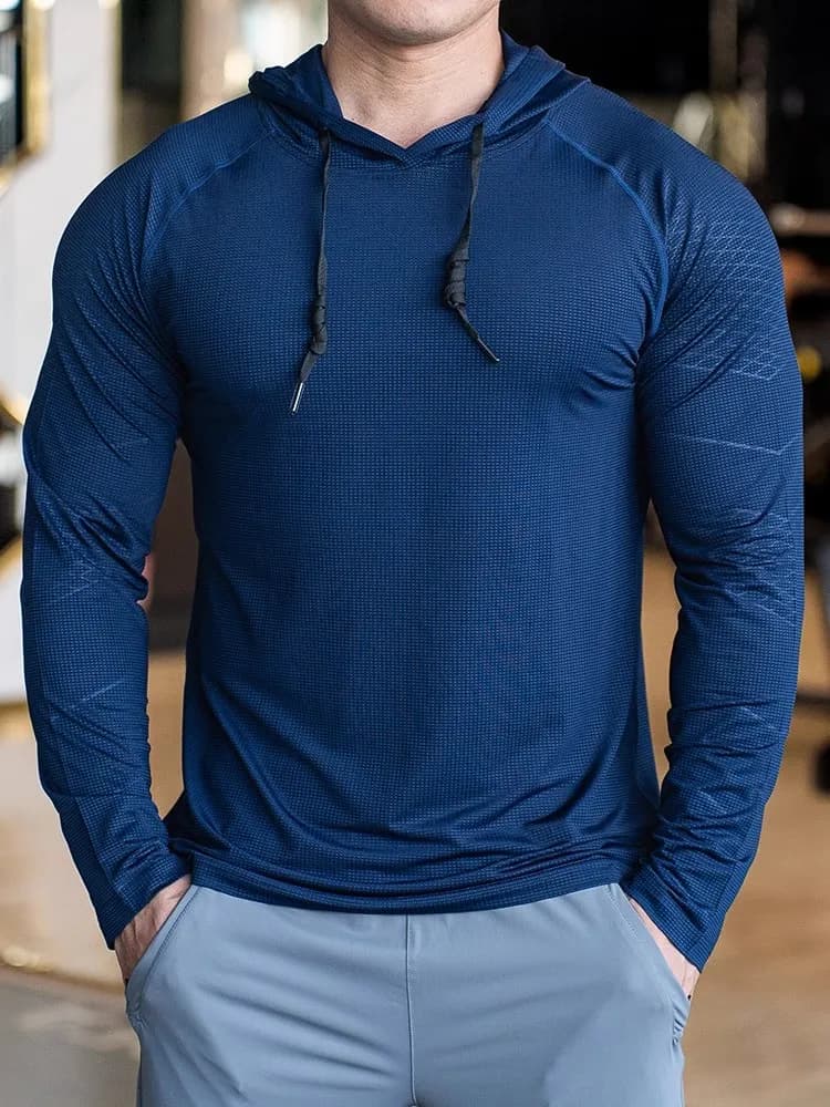 Camiseta deportiva con capucha para hombre, camisa transpirable de secado rápido, elástica de alta calidad para correr, entrenamiento, culturismo,