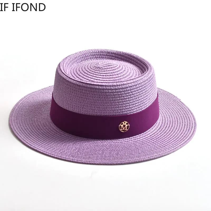 Nuevos sombreros de paja de verano para mujer, sombrero de playa con borde plano y cinta, gorra de viaje, chapeau femme