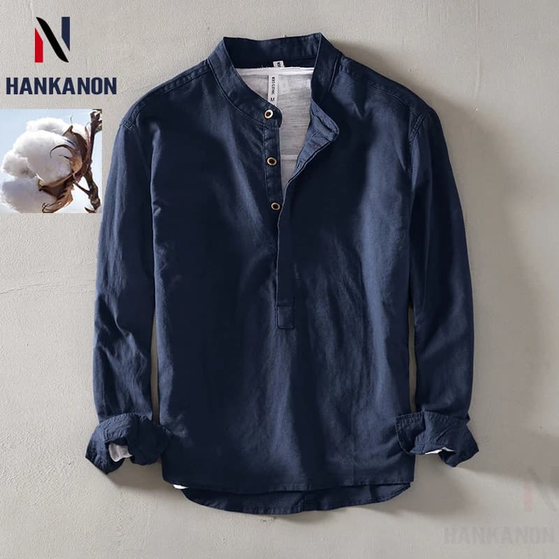 Camisa de manga larga de lino para hombre con cuello levantado, camisa blanca holgada informal de algodón y lino para jóvenes, Top para vacaciones