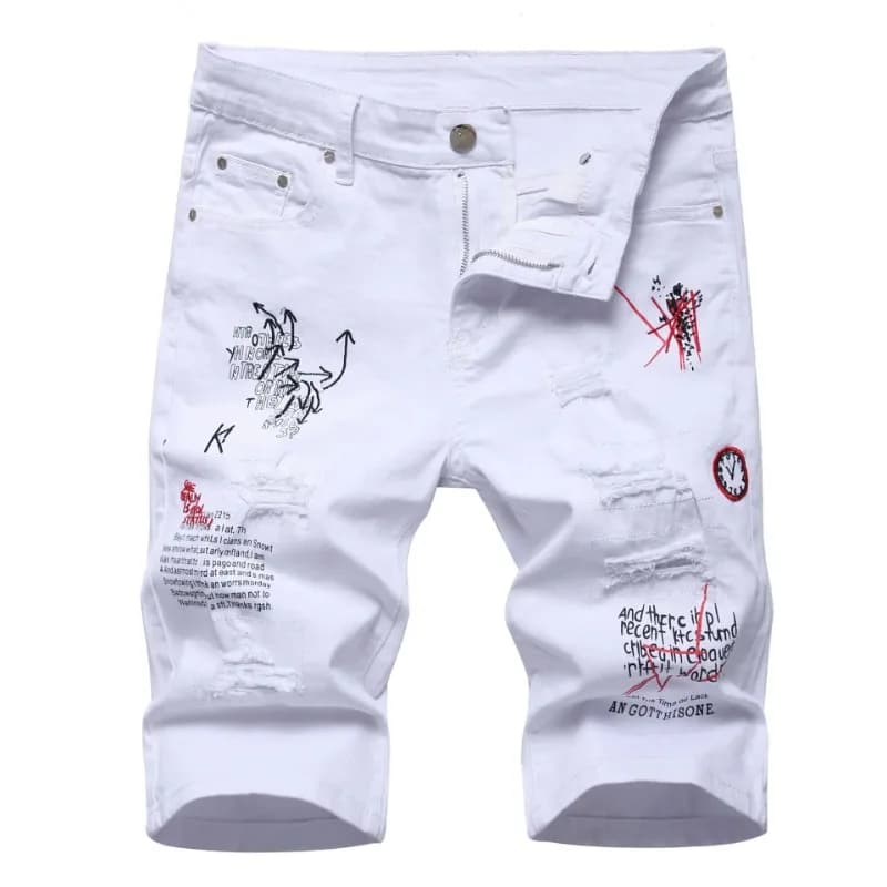 Pantalones cortos de mezclilla rasgados blancos para hombre, pantalones vaqueros cortos con agujeros para hombre, pantalones vaqueros elásticos de