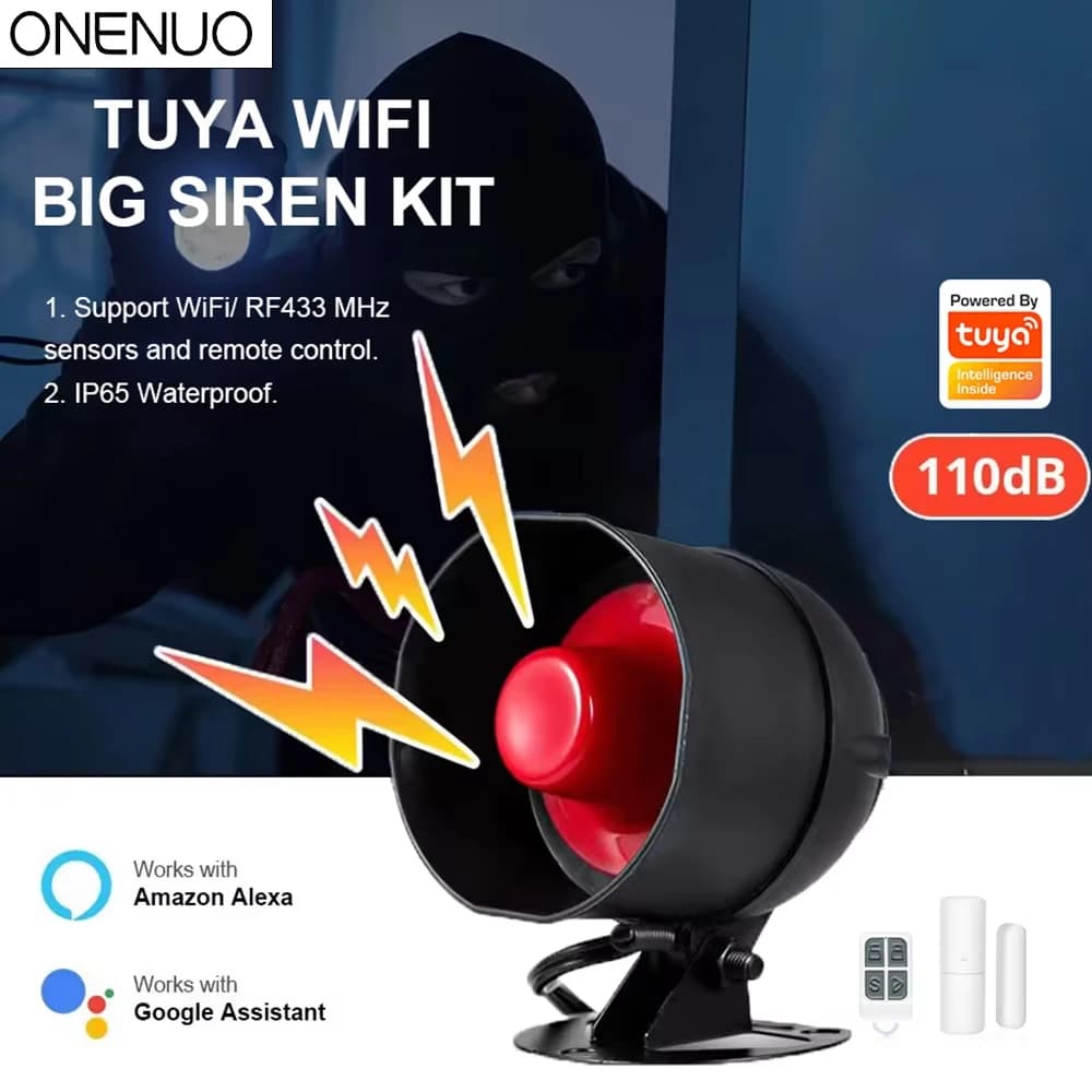Sistema de alarma de sirena WiFi Tuya, Kit de sirena de alerta de sonido fuerte inalámbrico, sirena de vida inteligente Compatible con Alexa y Google
