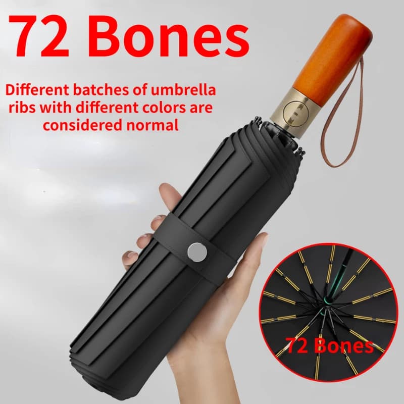 Paraguas totalmente automático de 72 huesos para hombre, paraguas grande plegable negro de alta gama con mango de madera para negocios