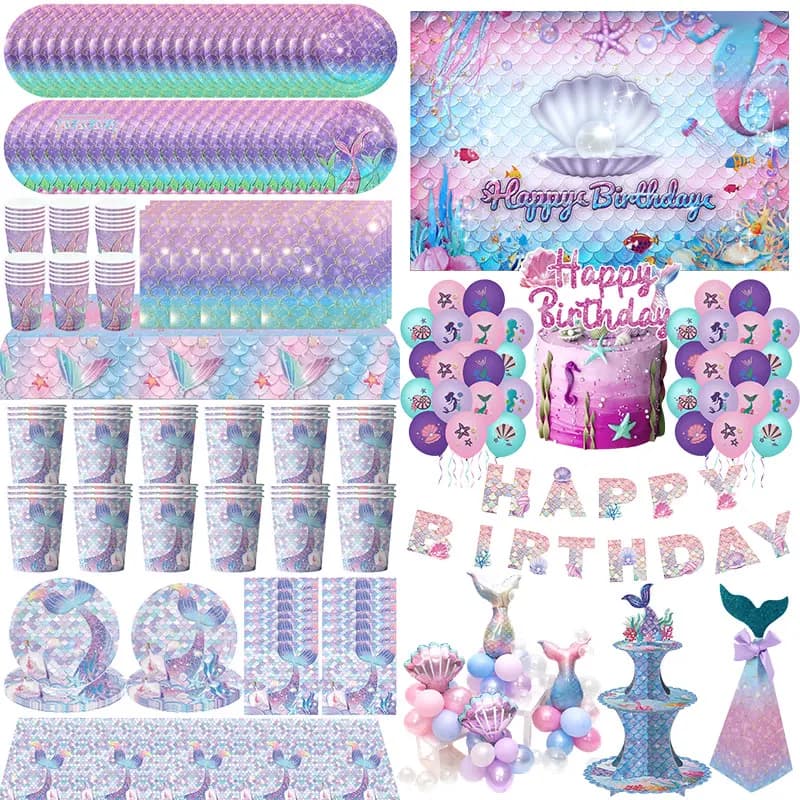 Decoración de Cumpleaños de Sirena, Juego de Vajilla para Niña, Platos, Servilletas, Vasos, Mantel, Globo, Pancarta para Niños, Artículos para