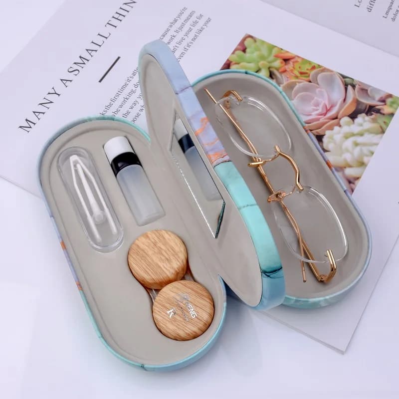 Estuche para Lentes de Contacto con Diseño de Imitación Madera, Plegable, Moderno, de Cuero