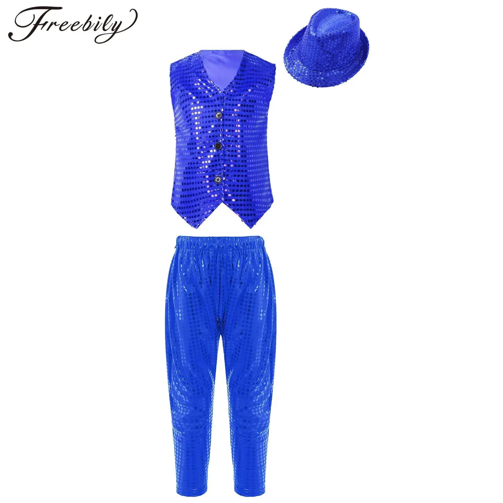 Traje latino de Jazz Hip-pop para niños y niñas, Tops sin mangas con botones y lentejuelas, Ropa de baile con pantalones, conjunto de sombrero para