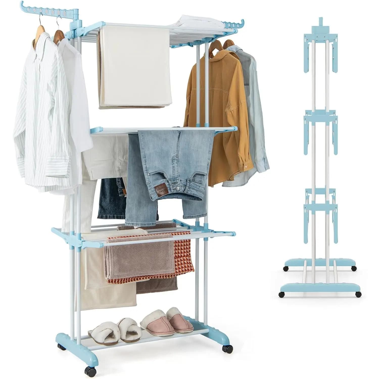 Tendedero de ropa de 4 niveles con ruedas, secadora de ropa plegable, secadora independiente de pie, torre de lavandería extensible