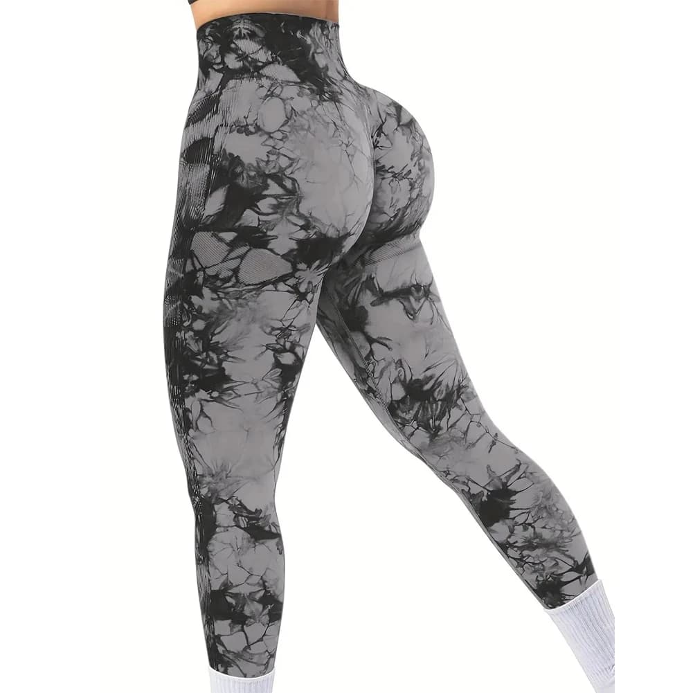 Pantalones de yoga de fitness elásticos con cintura alta y trasero de melocotón sin costuras Tie-Dye para mujer