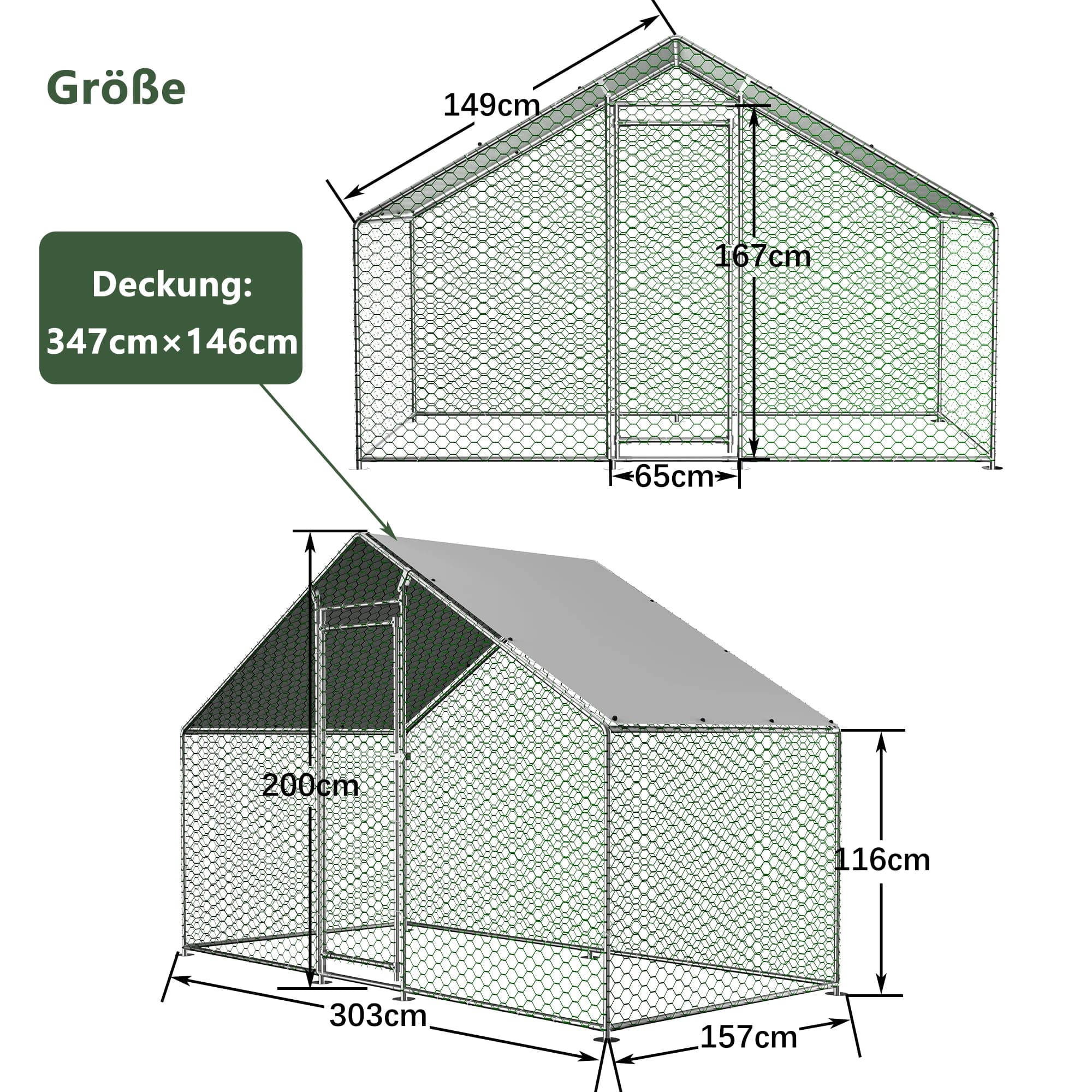 Gallinero con corral de 3x1.5x2m, con cerradura de seguridad y cubierta impermeable de PE – Jaula metálica para animales pequeños, para gallinas,