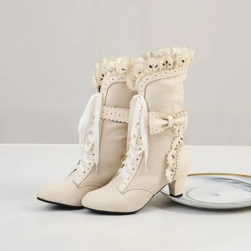 Botas Retro para Mujer, botas De media pantorrilla De tendencia para Mujer, Zapatos De tacón alto con cordones De estilo victoriano, Zapatos De Mujer
