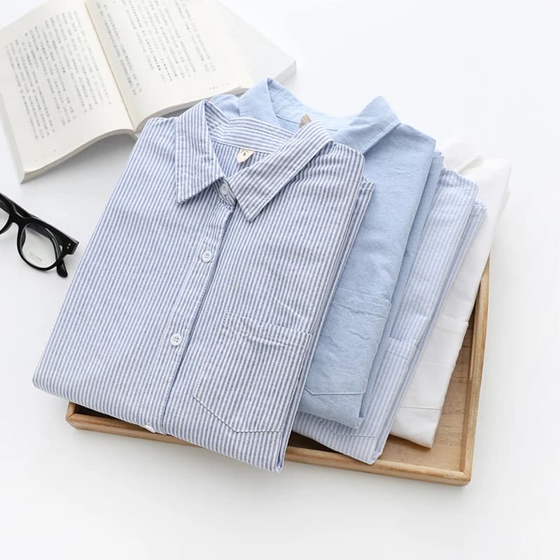 Camisa Oxford informal de algodón para mujer, blusa a rayas y Tops sencillos, camisas blancas y azules lisas, 2023