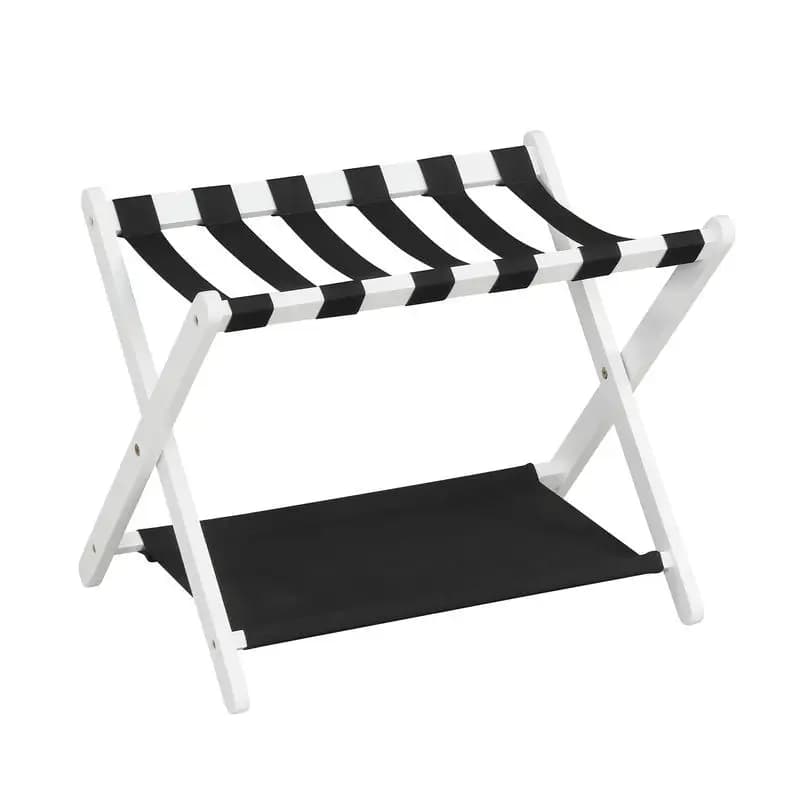 Portaequipajes Plegable de Madera de Caucho Macizo con Estantes de Nailon - Blanco
