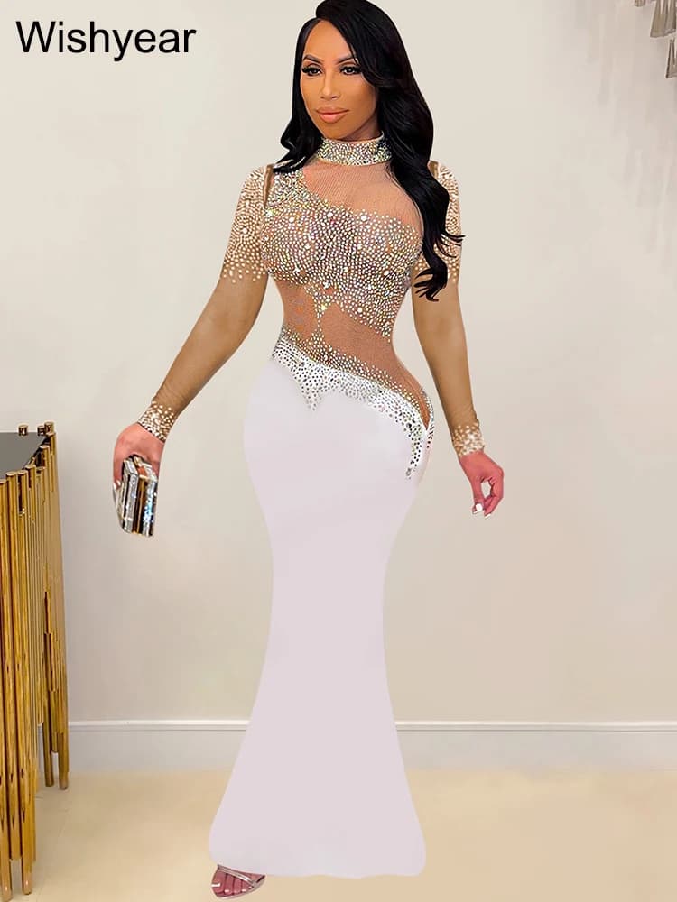 Wishyear vestido de fiesta de noche para mujer, malla de diamantes de imitación, manga larga, sirena, elegante, bata de cumpleaños para mujer, lujo,