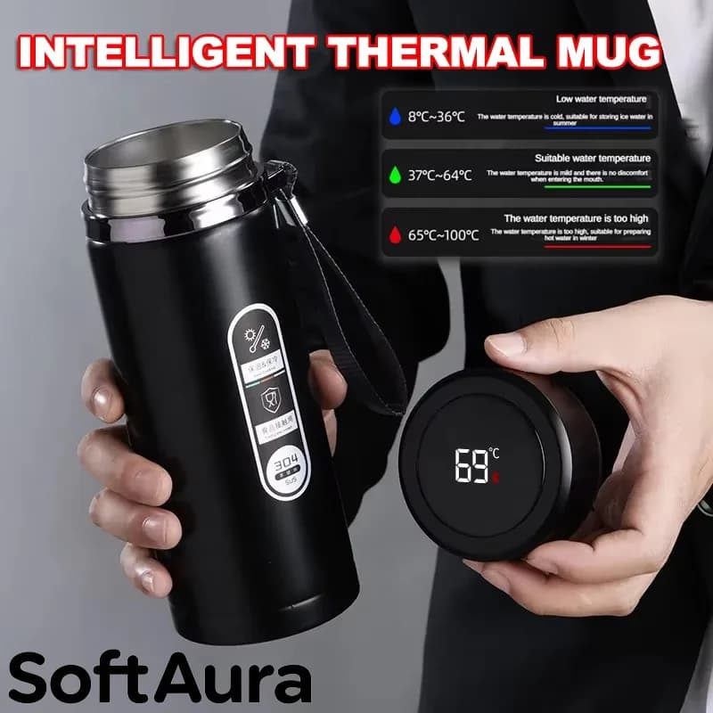 Botella Térmica de Acero Inoxidable SoftAura con Pantalla LED de Temperatura, 500ML-1L, Termo Portátil Sus304, Novedad 2026