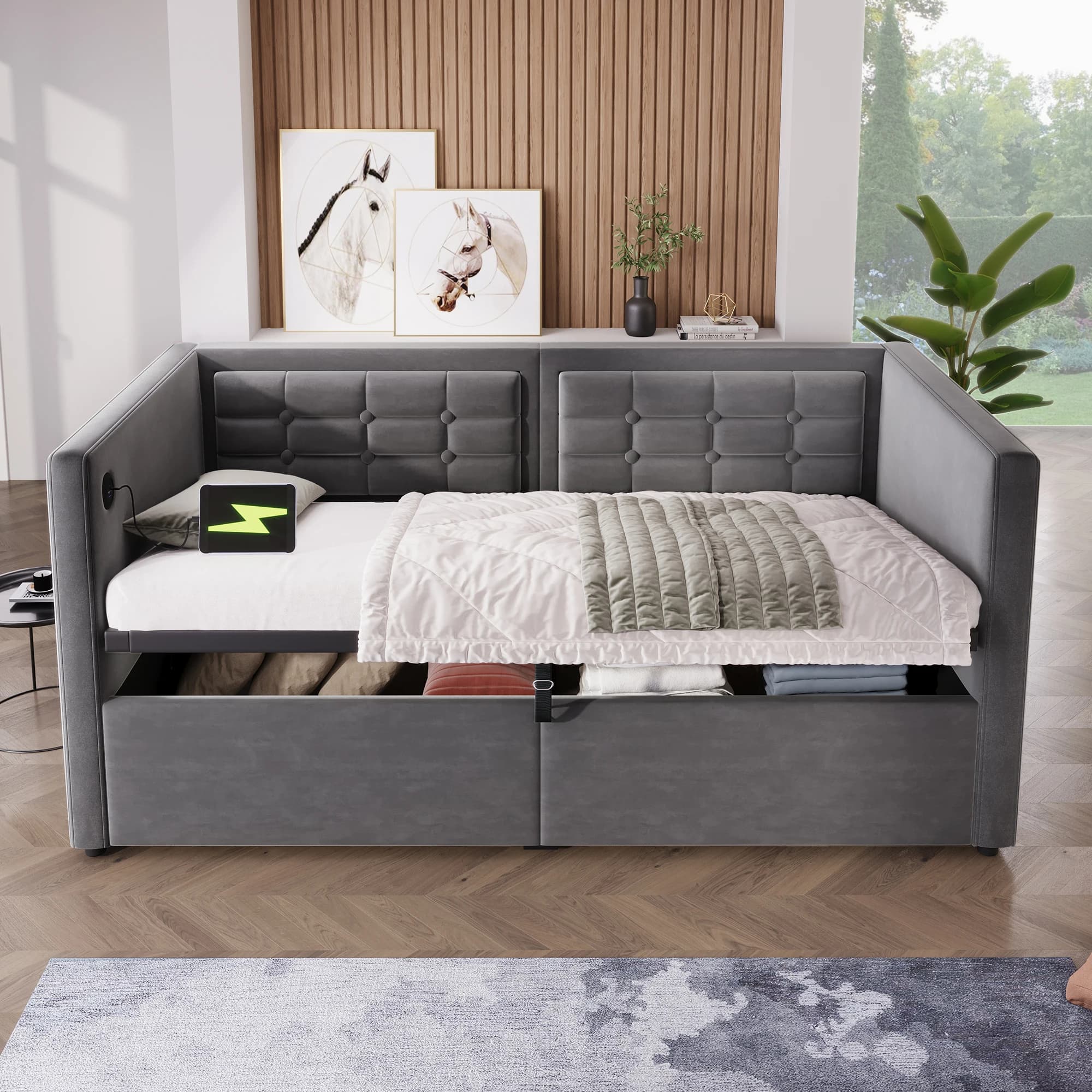 Sofá cama acolchado KOMHTOM con almacenamiento hidráulico, estación de carga USB y tipo C, tela de terciopelo sin colchón