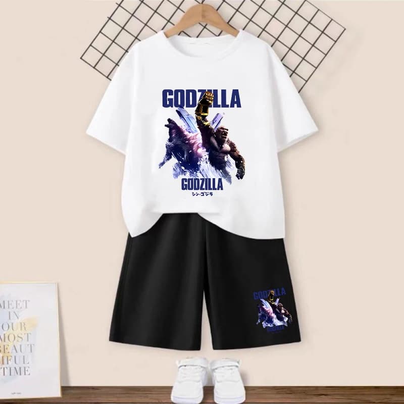Godzillas VS KingKongs camiseta pantalones cortos conjunto niños Anime nuevo monstruo orangután camisetas pantalones niños manga corta niños ropa