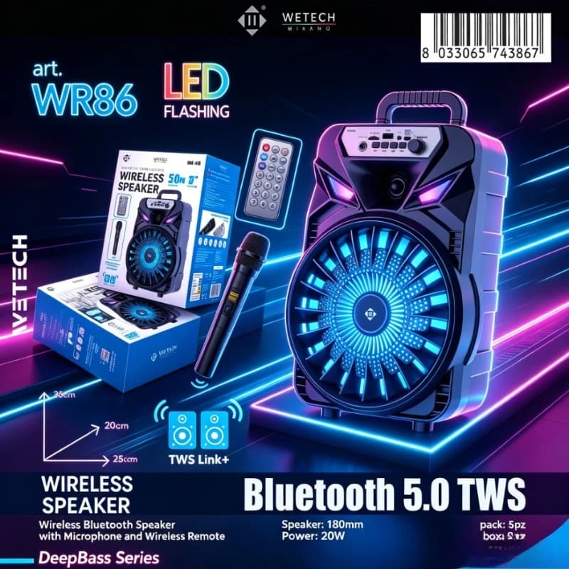 Altavoz Bluetooth Karaoke WETECH, Altavoz Portátil para Fiestas con Luz LED, Micrófono Inalámbrico y Control Remoto para Exteriores