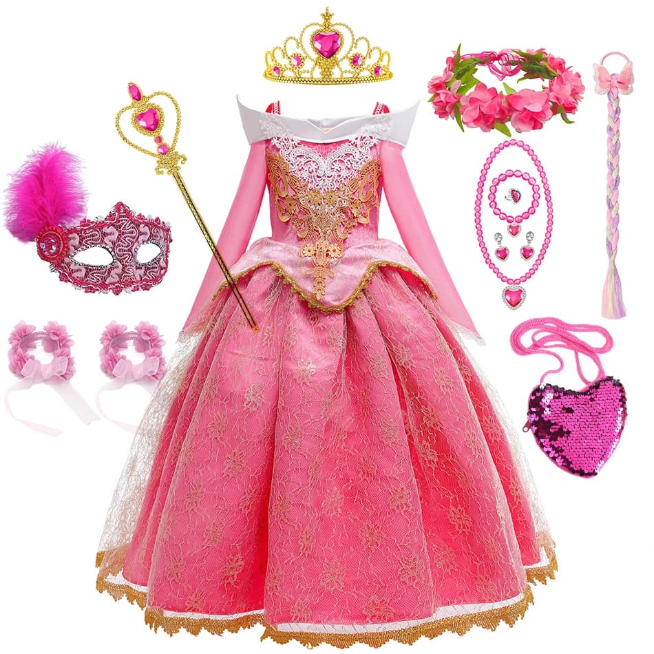 Disfraz de Aurora para niña, vestido de princesa de la Bella Durmiente, fiesta temática de cumpleaños, manga larga, hombros descubiertos, vestido