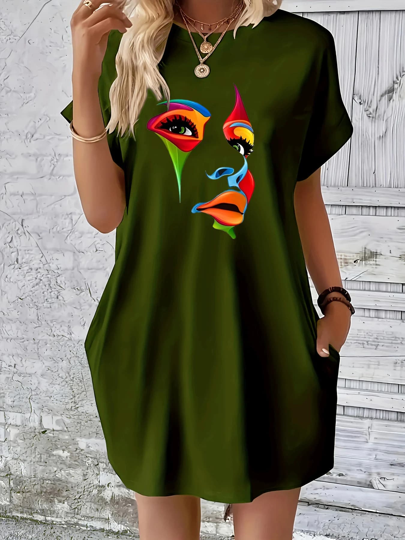 Vestido de verano holgado con estampado de cara abstracta para mujer, cuello redondo, manga corta, bolsillo, cómodo, informal, de talla grande