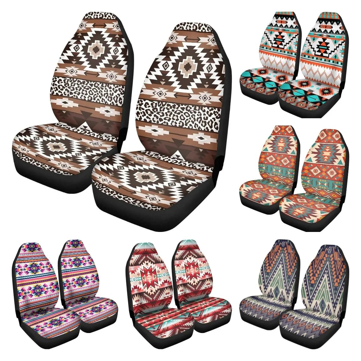 Fundas de asiento de coche con estampado Tribal de leopardo, solo asientos delanteros, Protector de cubo transpirable, ajuste Universal para la