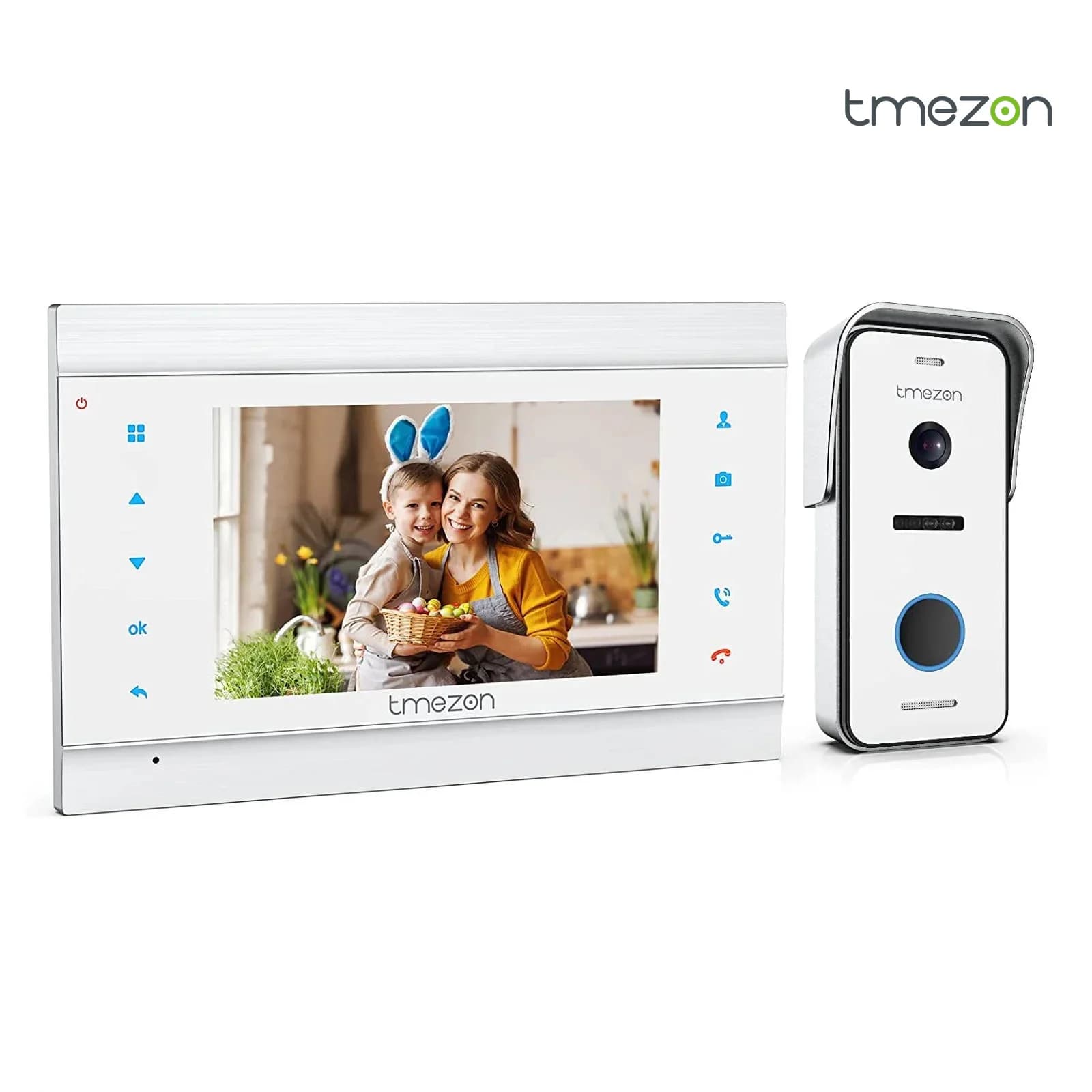 TMEZON Videoportero Timbre Video Sistema Intercomunicador, Monitor 7 zoll y Timbre con Cable para 1 Familia, tecnología de 2 Cables,Botón táctil,