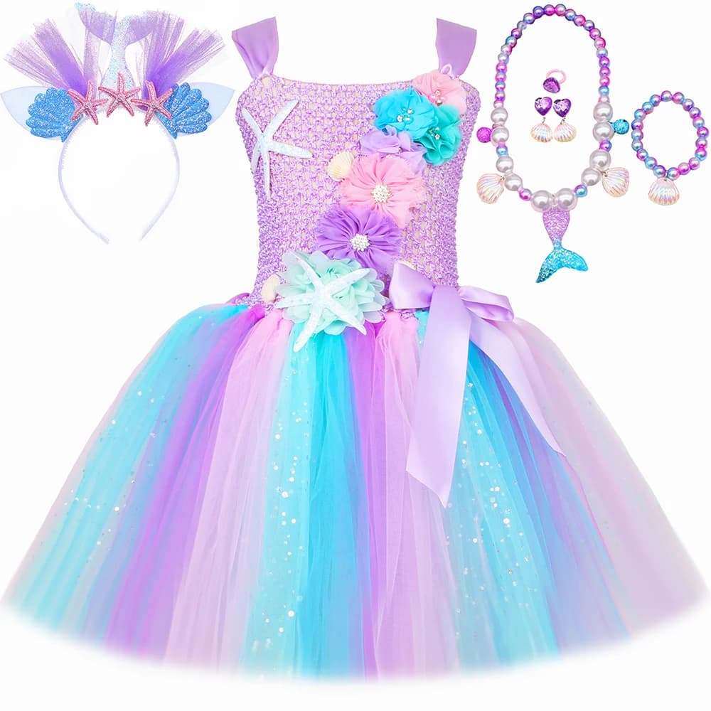 Vestido de princesa sirena para niñas, vestidos tutú de fiesta de cumpleaños con flores Pastel, disfraz de sirenita de Halloween para niños, ropa