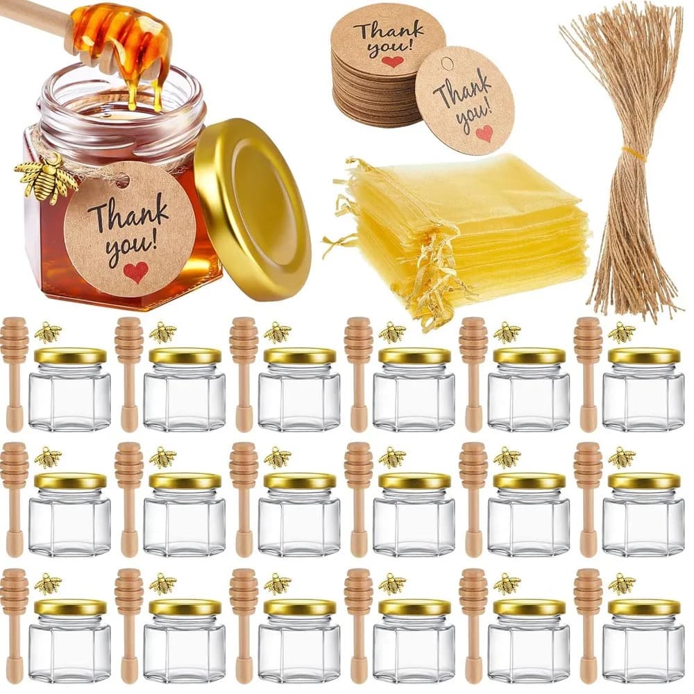 Mini Frascos de Miel con Cucharilla, Tapa Dorada, Colgantes de Abeja, Bolsas de Regalo y Cuerdas de Yute - Perfectos para Recuerdos de Baby Shower y