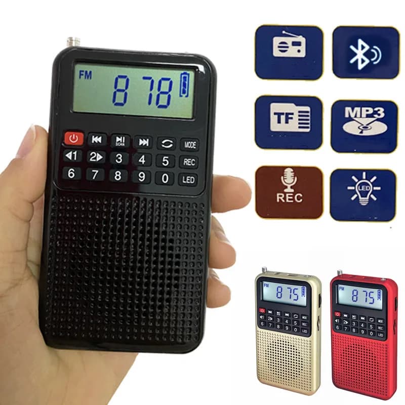Mini Radio FM de bolsillo, receptor de Radio de alta sensibilidad, Altavoz Bluetooth portátil, grabadora con luz LED, soporte para auriculares con