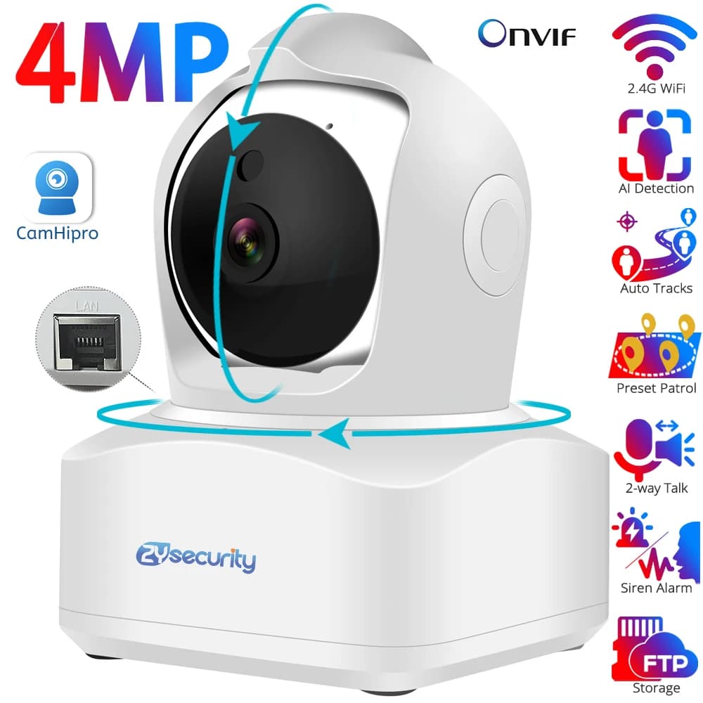Cámara IP de 4MP con WIFI para interiores, videocámara CCTV inalámbrica con puerto RJ45, Audio bidireccional, aplicación CamHi, rotación de 355
