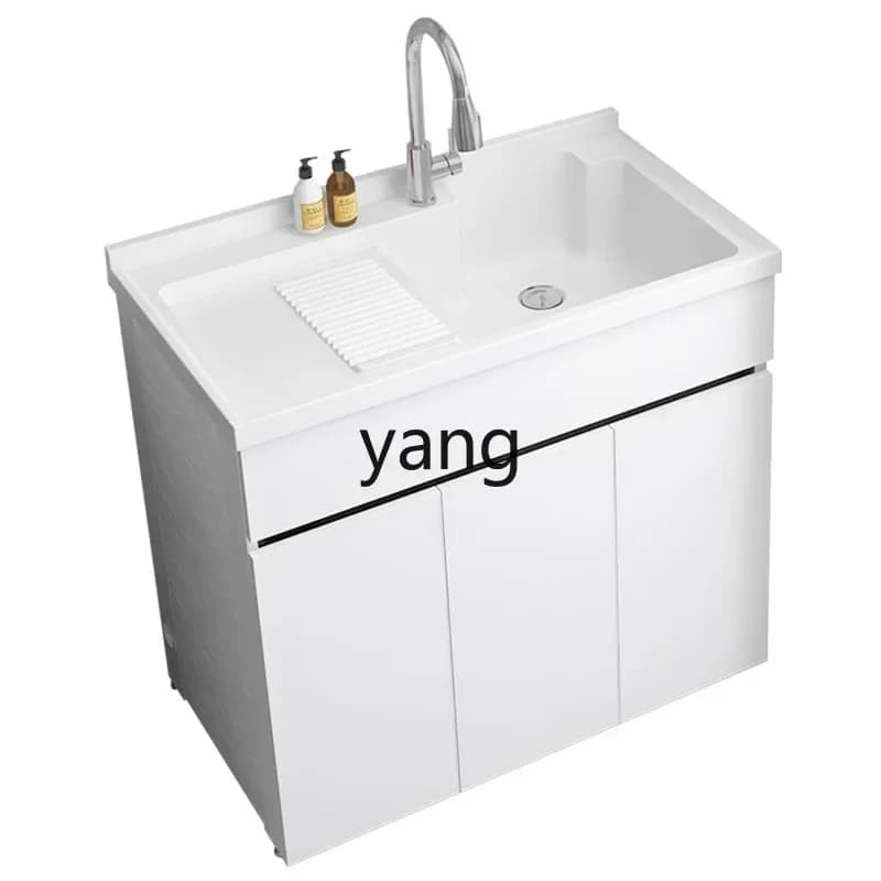 Mueble de lavandería completo LH de aleación de aluminio, combinado con lavabo integrado de cuarzo con tabla de fregar y tanque para lavado de manos