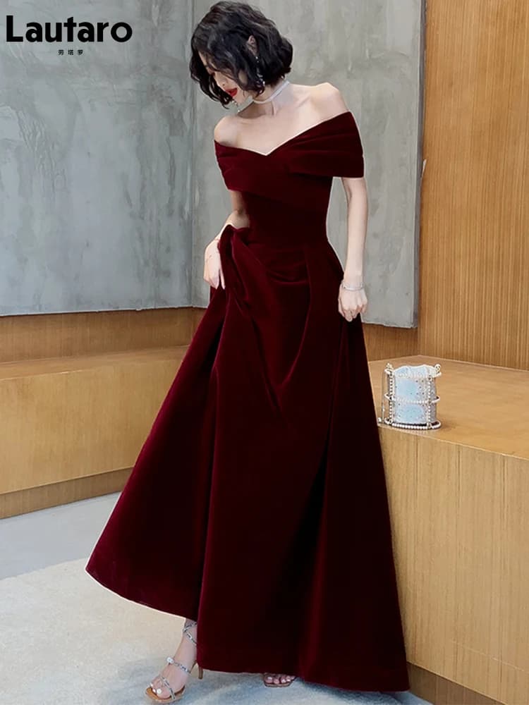 Lautaro primavera largo de lujo elegante vino rojo suave terciopelo fiesta de noche vestidos de boda para mujeres 2022 vestido Maxi con hombros
